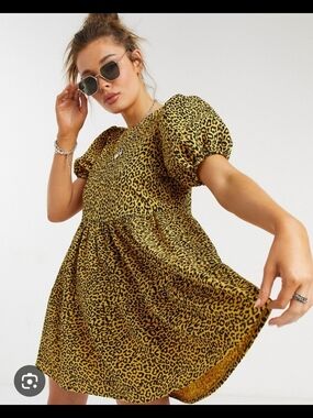Leopard Print Puff Sleeve Mini Dress - Yellow